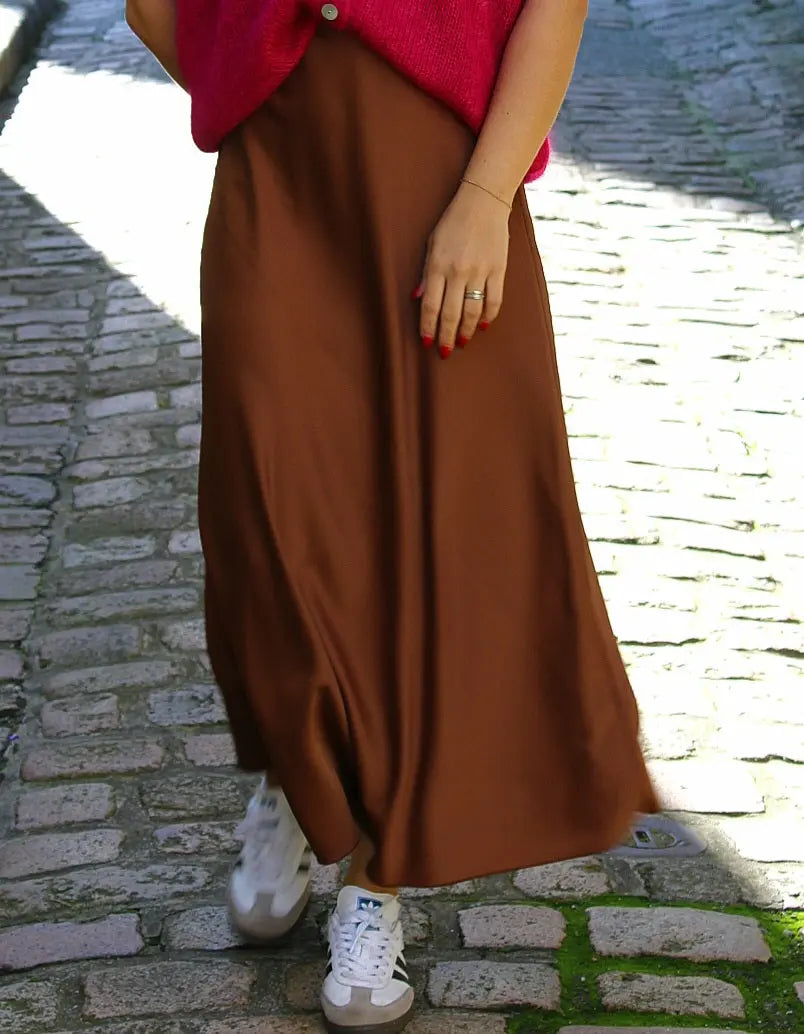 MYLA jupe longue satinee - MARRON noden boutique