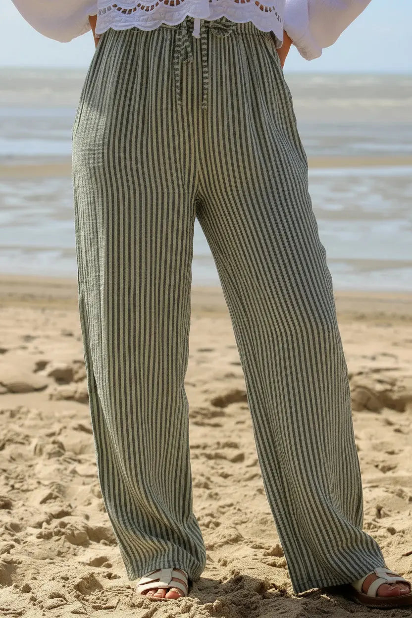 Pantalon olive fluide rayures taille unique noden boutique