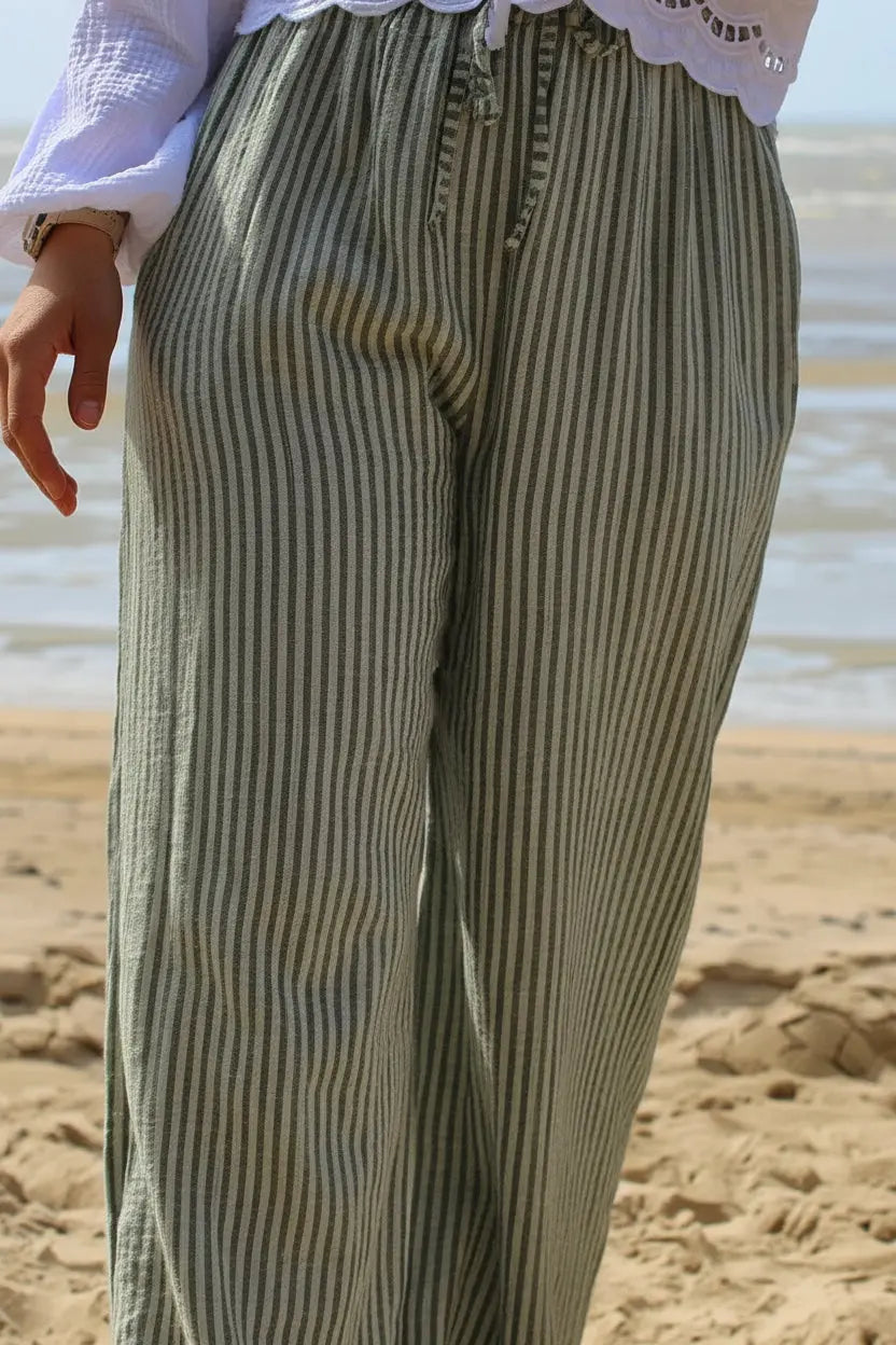 Pantalon olive fluide rayures taille unique noden boutique