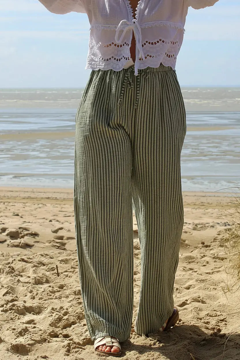 Pantalon olive fluide rayures taille unique noden boutique