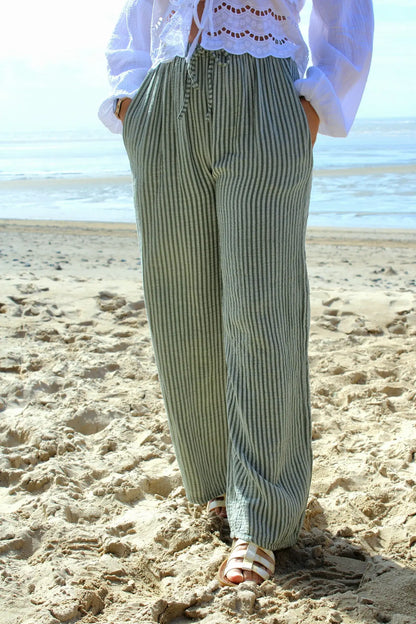 Pantalon olive fluide rayures taille unique noden boutique