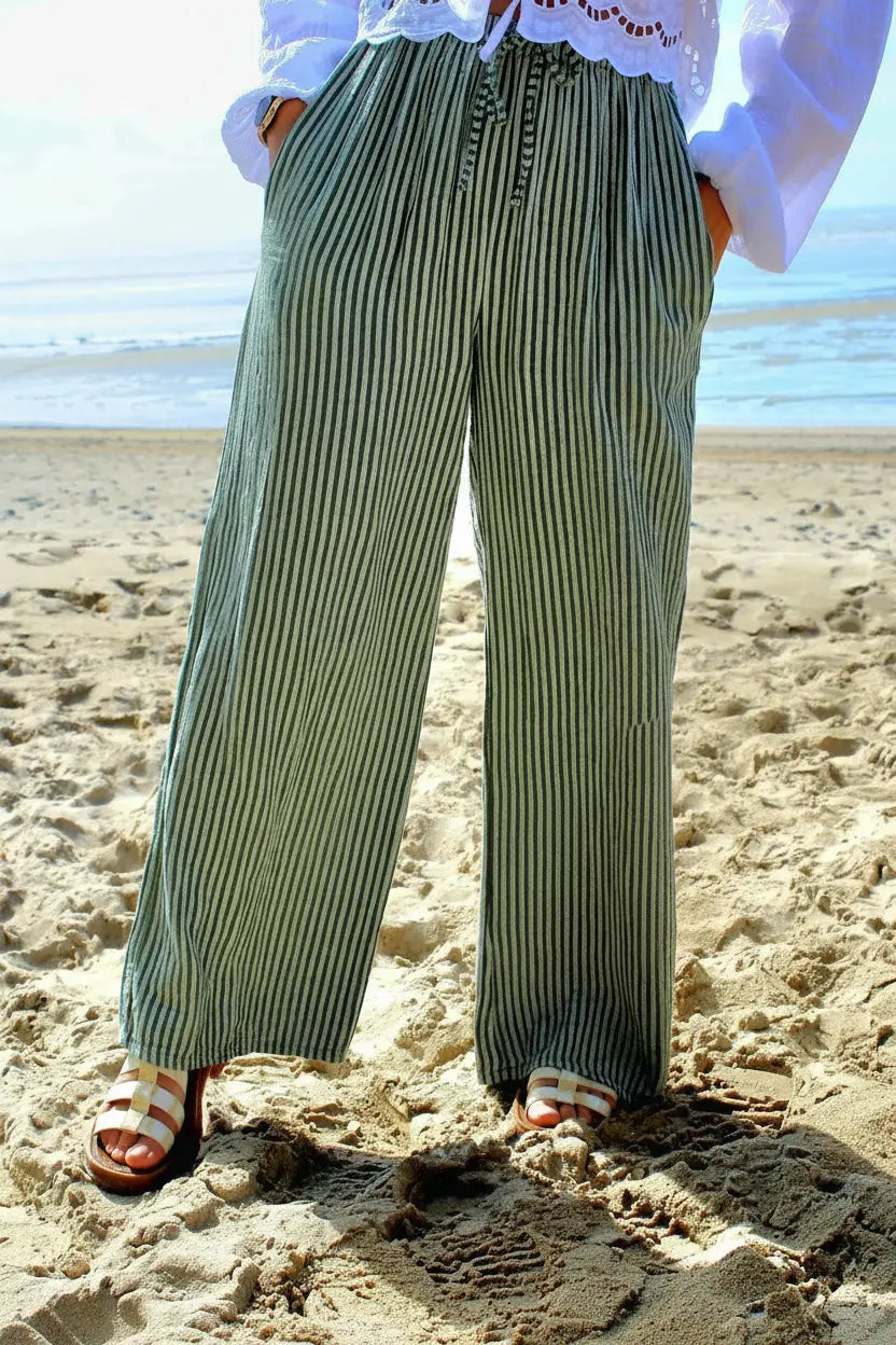 Pantalon olive fluide rayures taille unique noden boutique