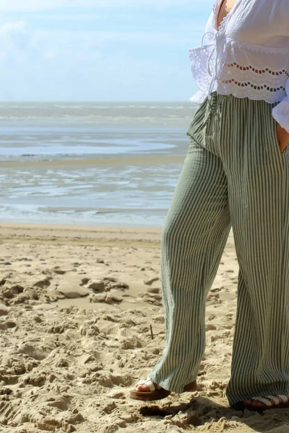 Pantalon olive fluide rayures taille unique noden boutique